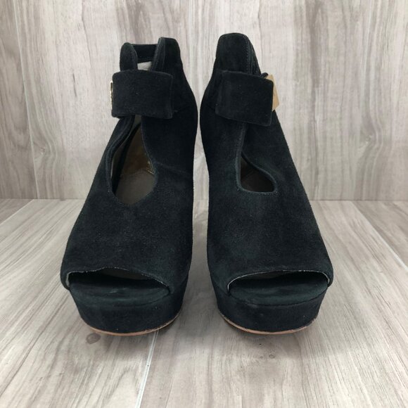 Michael Kors Heel Booties Woomens 7M Davenport Black Suede Peep Toe Ankle Boots - Picture 6 of 13